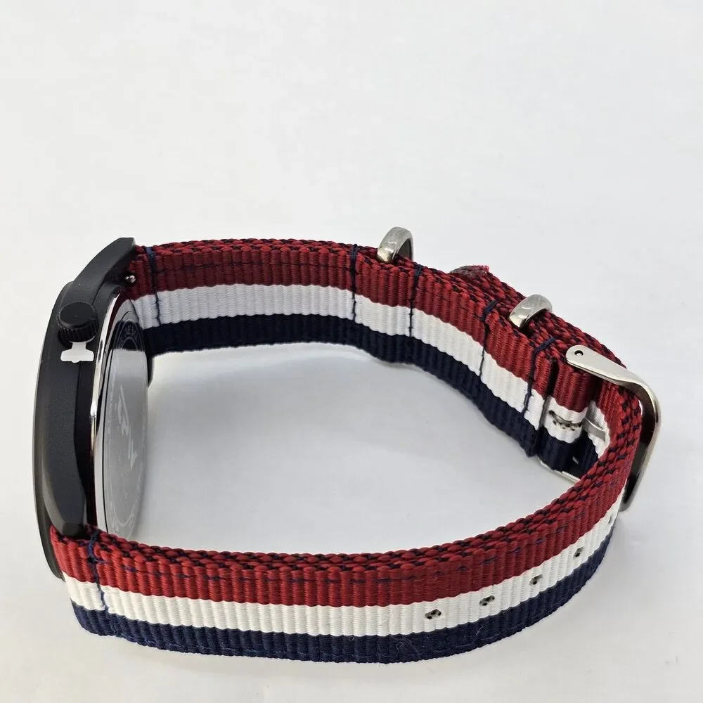 Men's 42MM Field Watch‎ Black Dial Blue White Red Canvas Band Straps New Battery